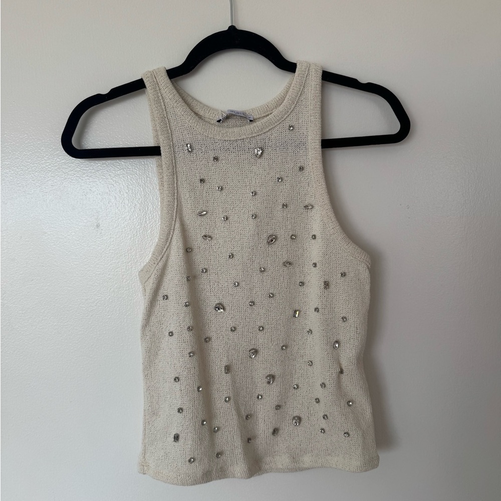 Zara Cream Embellished Sleeveless Crop Tank